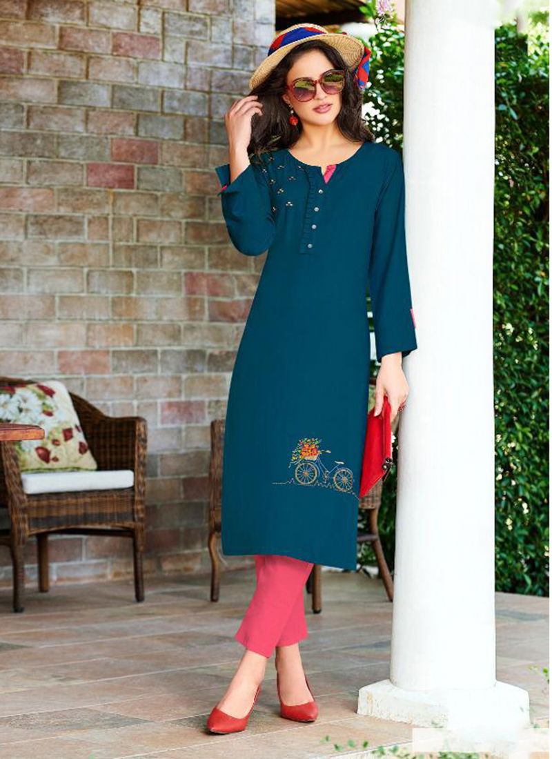 Sameera Rayon Designer Slub With Embroidery Work Stylish Look Kurti Collection 4001-4006